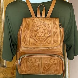 Hand-tooled All Leather Southwest Backpack  -Natural Colored Tan
